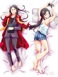  2boys aged_up barefoot black_hair book boxers commentary_request controller dakimakura_(medium) fate/zero fate_(series) game_controller green_eyes long_coat long_hair lord_el-melloi_ii maki_unu male_underwear multiple_boys multiple_views on_bed pillow ponytail scarf stole underwear waver_velvet 