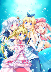  4girls bare_midriff bermuda_princess_lena bermuda_triangle blonde_hair bow breasts cardfight!!_vanguard cleavage cleavage_cutout dress fins frilled_dress frills frilly_dress hairbow happy hat heart lolita_fashion mermaid monster_girl multiple_girls necktie pink_dress pink_hair top_idol_pacifica top_idol_riviere underboob velvet_voice_raindear white_hair 