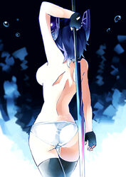  abu arm_up ass black_thighhighs breasts commentary_request crossed_legs facing_away female fingerless_gloves from_behind gloves headgear holding holding_weapon kantai_collection large_breasts panties photoshop_(medium) purple_hair short_hair solo standing tenryuu_(kancolle) thighhighs thighs topless underwear weapon white_panties 