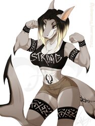  2018 3:4 abs anthro belly_tattoo black_hair blacktip_shark bottomwear bra breasts carcharhinus cleavage clothed clothing crop_top english_text eyebrows female fin fish flexing hair hi_res laguna_silverjaw looking_at_viewer marine midriff muscular muscular_anthro muscular_female navel non-mammal_breasts requiem_shark shark shirt shorts simple_background small_waist smile solo sports_bra tail tail_fin tattoo text topwear tribal tribal_tattoo underwear vexstacy white_background yellow_eyes 