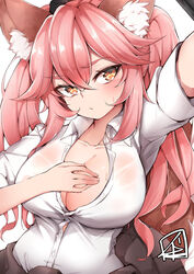  absurdres animal_ear_fluff animal_ears blush breasts cellphone chickenvomit cleavage collarbone commentary_request fate/extella fate/extra fate/grand_order fate_(series) female fox_ears fox_tail hand_on_own_chest highres large_breasts long_hair looking_at_viewer official_alternate_costume open_clothes open_shirt phone pink_hair reaching reaching_towards_viewer school_uniform selfie shirt simple_background smartphone solo sweat tail tamamo_(fate) tamamo_no_mae_(fate/extra) tamamo_no_mae_(jk)_(fate) twintails white_background white_shirt yellow_eyes 