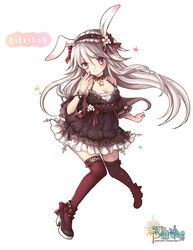  animal_ears aura_kingdom black_dress bow breasts brown_footwear bya cleavage commentary_request copyright_name detached_sleeves dress female frilled_dress frills full_body grey_hair hairband hairbow high_heels highres lolita_hairband long_hair medium_breasts photoshop_(medium) rabbit_ears red_bow red_thighhighs serena_(aura_kingdom) short_dress short_sleeves sleeveless sleeveless_dress solo star_(symbol) striped striped_bow thighhighs translation_request very_long_hair white_background 