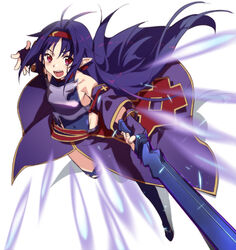  armor breastplate commentary_request female fingerless_gloves gloves hairband holding holding_sword holding_weapon long_hair meer_rowe obsidian_slasher official_style photoshop_(medium) pointy_ears purple_armor purple_hair red_eyes solo sword sword_art_online very_long_hair weapon yuuki_(sao) 