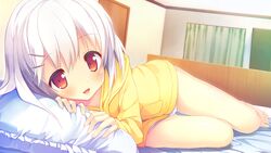  alcot barefoot bed cameltoe game_cg loverec nimura_yuushi panties red_eyes short_hair underwear white_hair yanase_hitomi 