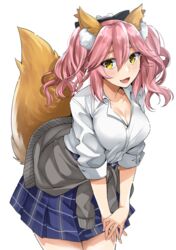  akihila animal_ear_fluff animal_ears blush breasts cleavage collarbone commentary_request fate/extella fate/extra fate/grand_order fate_(series) female fox_ears fox_tail highres large_breasts long_hair looking_at_viewer oerba_yun_fang official_alternate_costume open_clothes open_mouth open_shirt pink_hair plaid plaid_skirt plaid_sweater school_uniform shirt skirt smile solo sweater tail tamamo_(fate) tamamo_no_mae_(fate/extra) tamamo_no_mae_(jk)_(fate) twintails white_shirt yellow_eyes 