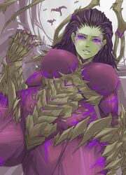  alien ass_visible_through_thighs breasts claws colored_skin commentary covered_nipples english_commentary exaxuxer female from_below green_skin highres infested_kerrigan large_breasts long_hair looking_at_viewer looking_down monster mutalisk purple_eyes purple_hair sarah_kerrigan smile starcraft wings zerg_(starcraft) 