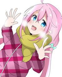  ahoge blue_eyes blush commentary_request eyebrows female hair_ornament highres kagamihara_nadeshiko long_hair looking_at_viewer open_hand open_mouth pink_hair riyo_(aokiwazumi) scarf simple_background solo standing teeth white_background yurucamp 