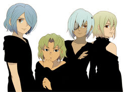  4boys afuro_terumi alternate_hairstyle androgynous bare_shoulders black_theme blue_hair commentary_request eyepatch green_eyes green_hair hair_over_one_eye inazuma_eleven inazuma_eleven_(series) kazemaru_ichirouta komejiru_tatsunoshin male_focus midorikawa_ryuuji multiple_boys photoshop_(medium) sakuma_jirou short_hair 