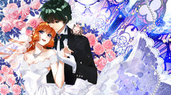  1boy asuka_daiki bare_shoulders blue_eyes bridal_veil bride chinese_commentary commentary_request couple dress female flower formal gem gloves green_eyes green_hair groom hair_flower hair_ornament haneoka_meimi highres husband_and_wife jewelry kaitou_saint_tail long_hair mixed-language_commentary necklace orange_hair pearl_(gemstone) photoshop_(medium) rose ruby_(kaitou_saint_tail) spinel_(9057) straight suit veil wedding wedding_dress white_gloves 