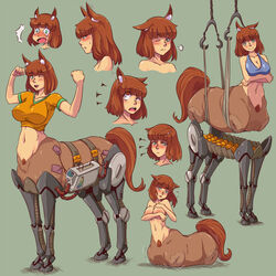  ;&lt; ;d amputee animal_ear_fluff animal_ears annoyed arms_up blunt_bangs blush breast_hold breasts brown_hair centaur chains cleavage clenched_hands commentary covering_breasts covering_privates crop_top crossed_arms cyborg d: ear_wiggle english_commentary expressions female female_pubic_hair flexing flying_sweatdrops frustrated gammatelier green_background green_eyes highres hook horse_ears horse_tail impossible_clothes impossible_shirt large_breasts mechanical_legs mechanical_parts monster_girl multiple_views navel nude one_eye_closed open_mouth original pose prosthesis pubic_hair puff_of_air quadruple_amputee reference_sheet shirt short_hair short_sleeves simple_background smile sports_bra squiggle standing t-shirt tail taur tears uneven_eyes 