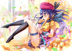  blue_hair blush drink fruit garter hat kneehighs long_hair orange_(fruit) paper qian_wu_atai scarf vocaloid wristwear xin_hua 