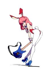  animal_ears cosplay cuffs female flcl gyosone haruhara_haruko haruhara_haruko_(cosplay) high_heels jakuzure_nonon kill_la_kill pantyhose playboy_bunny rabbit_ears rabbit_tail shintani_mayumi simple_background solo tail tongue tongue_out voice_actor_connection 