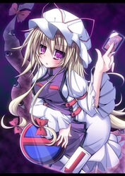  blonde_hair card commentary_request female futase_hijiri gap_(touhou) hat holding holding_card long_hair no_parking_sign purple_eyes revision road_sign sign solo touhou yakumo_yukari 