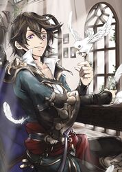  1boy bird brown_hair cain_(granblue_fantasy) chair commentary_request feathers granblue_fantasy male_focus purple_eyes short_hair sitting solo teeth window you_(azararanya) 