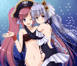  2girls bermuda_triangle blue_eyes blush braid bubble bubbles cardfight!!_vanguard detached_sleeves fins grey_hair hat long_hair looking_at_viewer mermaid monster_girl multiple_girls pink_eyes pirate_hat rainbow_light_carine red_hair tube_top tubetop twintails velvet_voice_raindear wink wristband yuri 