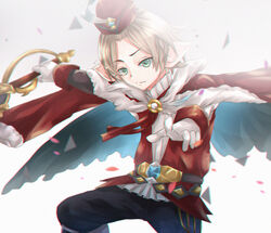  1boy altoclub blonde_hair capelet commentary_request crying feathers fur_trim gloves granblue_fantasy green_eyes grey_background harvin hat male_focus petals photoshop_(medium) short_hair simple_background solo sword vermeil_(granblue_fantasy) weapon 