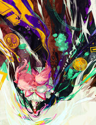  abstract_background absurdres bad_id bad_pixiv_id canvas_(medium) colorful commentary_request dress female from_above gloves hair_ribbon highres kaname_madoka kaname_madoka_(magical_girl) kneehighs magical_girl mahou_shoujo_madoka_magica mahou_shoujo_madoka_magica_(anime) mixed_media photoshop_(medium) pink_hair ribbon rye-beer short_hair socks solo surreal traditional_media twintails 