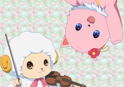  :3 :d amagi_brilliant_park arm_up bad_id bad_pixiv_id bear blue_eyes body_fur bow_(music) commentary_request floral_background flower grey_eyes hair_flower hair_ornament holding horns instrument looking_at_viewer macaron_(amaburi) no_humans open_mouth photoshop_(medium) portrait ribbon sheep smile tiramii violin waving yuupenman 