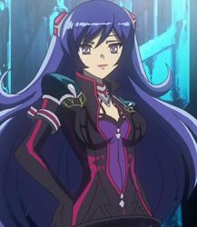  bodysuit breasts cardfight!!_vanguard cleavage courting_succubus dark_irregulars hair_ornament purple_eyes purple_hair unzipped 