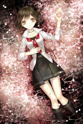  black_socks blush brown_eyes brown_hair cherry_blossoms collar commentary_request fatal_frame fatal_frame_1 female hinasaki_miku long_hair petals school_uniform skirt socks solo yusa_tk74 