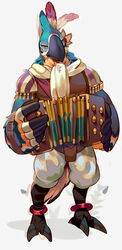  2017 anthro avian avian_feet bandoneon beak bird black_beak breath_of_the_wild clothed clothing feathers hi_res holding_musical_instrument holding_object kass_(tloz) looking_at_viewer male multicolored_body multicolored_feathers musical_instrument nintendo rito scarf simple_background solo standing the_legend_of_zelda uzucake white_background yellow_eyes 