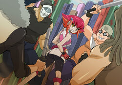  ass bare_shoulders bat belt bike_shorts black_hair breasts clenched_teeth fat fat_man female fingerless_gloves glasses gloves grin headband highres knife kouzuki_anna legs looking_back mask multicolored_hair multiple_boys short_hair smile standing straw_(artist) straw_(yokubou_hiroba) teeth thighs weapon weapons yellow_eyes yu-gi-oh! yuu-gi-ou_zexal 