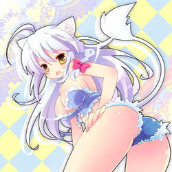  :o ahoge animal_ears ass blue_shorts breasts bustier cat_ears cat_tail cleavage commentary_request cutoffs dog_days female large_breasts legs leonmitchelli_galette_des_rois lingerie long_hair micro_shorts oerba_yun_fang shorts sideboob solo suzuki_kokono tail thighs underwear white_hair yellow_eyes 