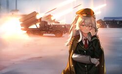  ahoge alternate_costume animal_ears anti-ship_missile black_jacket breasts coat female firing grey_eyes grey_hair hair_between_eyes hat highres hololive jacket jacket_on_shoulders jl_tan lion_ears lion_girl long_hair looking_at_viewer meme military military_hat military_jacket military_truck military_uniform military_vehicle missile missile_pod missile_vehicle motor_vehicle photo-referenced shirt shishiro_botan solo truck uniform virtual_youtuber 