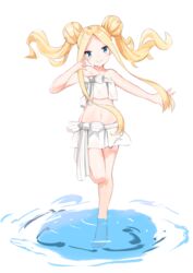  abigail_williams_(fate) abigail_williams_(swimsuit_foreigner)_(fate) absurdres bare_arms bare_shoulders barefoot bikini blonde_hair blue_eyes bow closed_mouth collarbone commentary double_bun fate/grand_order fate_(series) female forehead full_body hair_bun highres long_hair looking_at_viewer navel parted_bangs shallow_water simple_background smile solo standing standing_on_one_leg strapless strapless_bikini striped striped_bow swimsuit twintails very_long_hair water white_background white_bikini white_bow yukaa 