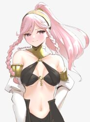  armlet bare_shoulders blush braid breasts cleavage commentary_request cowboy_shot dancer detached_sleeves female fire_emblem fire_emblem_awakening fire_emblem_heroes grey_background hairband highres long_hair looking_at_viewer medium_breasts midriff navel o-ring o-ring_top olivia_(fire_emblem) olivia_(performing_arts)_(fire_emblem) parted_bangs pink_eyes pink_hair ponytail side_braids simple_background skeptycally smile solo twin_braids twitter_username underboob 