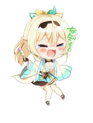  :d =_= black_skirt blonde_hair breasts chest_sarashi chibi chibi_only cleavage colored_skin dango female food full_body green_skirt highres hololive kazama_iroha kazama_iroha_(1st_costume) kiyo_(yamazoe1122) long_hair multicolored_skin pleated_skirt sanshoku_dango sarashi simple_background skirt smile solo tearing_up thighhighs two-tone_skin virtual_youtuber wagashi wavy_mouth white_background white_thighhighs yellow_haori 