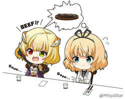  2girls :d arm_up armor black_gloves black_ribbon black_shirt blazer blonde_hair blue_eyes blush breastplate chair charlotte_(shironeko_project) chibi closed_mouth collared_shirt commentary_request crossover cup drinking_glass flying_sweatdrops food fork gloves gochuumon_wa_usagi_desu_ka? green_eyes hair_ribbon hands_on_own_stomach heterochromia holding holding_fork holding_knife hungry jacket kirima_syaro knife mitya multiple_girls necktie oerba_yun_fang on_chair open_mouth outstretched_arm pauldrons plaid_neckwear red_eyes ribbon school_uniform shironeko_project shirt shoulder_armor sitting smile spoken_food steak stomach_growling tedeza_rize&#039;s_school_uniform twitter_username uchida_maaya v-shaped_eyebrows voice_actor_connection white_background white_jacket 