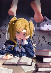  absurdres artist_logo barefoot blonde_hair blue_jacket book breasts collared_shirt commission dated eyelashes feet female foot_focus green_eyes hand_up head_rest highres jacket long_sleeves lower_teeth_only multiple_views neck_ribbon open_book open_mouth original parted_bangs pen pixiv_commission red_ribbon ribbon school_uniform shirt soles suryua teeth toes twintails upper_body 