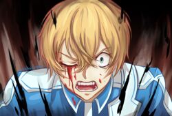  1boy angry blood blood_from_eyes blood_on_face commission eugeo head highres looking_at_viewer one_eye_closed open_mouth school_uniform second-party_source short_hair solo sword_art_online sword_art_online:_alicization sword_mastery_academy_school_uniform teeth vankusman 