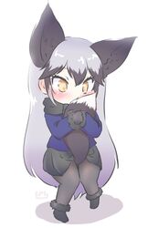  animal_ears black_bow black_bowtie black_fur black_gloves black_pantyhose black_skirt blue_jacket blush bow bowtie commentary extra_ears female fox_ears fox_girl fox_tail fur_trim gloves grey_hair highres holding_own_tail jacket kemono_friends long_hair long_sleeves multicolored_hair orange_eyes pantyhose pleated_skirt silver_fox_(kemono_friends) skirt solo tail uho_(uhoyoshi-o) 