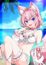  absurdres animal_ears bikini breasts choker cleavage commentary_request feet_out_of_frame female flower_collar frilled_choker frills green_hood hakui_koyori hakui_koyori_(summer) heart_bikini highres hololive knees_up large_breasts legs looking_at_viewer oerba_yun_fang outdoors palm_tree pink_choker pink_hair pink_nails pink_tail purple_eyes remone smile solo swimsuit tree two-tone_choker virtual_youtuber water wolf_ears wolf_girl 