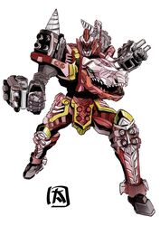  animification arm_cannon clenched_hands drill fighting_stance green_eyes kishiryu_sentai_ryusoulger kishiryuoh looking_at_viewer mecha no_humans ohtagaki_yasuo robot solo super_robot super_sentai tokusatsu weapon white_background 