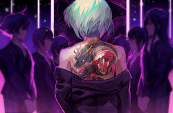  6+boys bare_shoulders dragon_tattoo formal from_behind gunmetalrose highres jacket lio_fotia long_hair long_sleeves male_focus multiple_boys off_shoulder promare purple_jacket short_hair solo_focus standing tattoo upper_body v_arms 