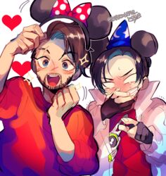  2boys animification apex_legends black_hair blush bow brown_hair clenched_hands covering_own_mouth crypto_(apex_legends) disney disneyland drone facial_hair gloves goatee hack_(apex_legends) hand_over_own_mouth heart laughing mask mickey_mouse_ears minnie_mouse_ears mirage_(apex_legends) mouth_mask multiple_boys partially_fingerless_gloves pointing red_bow red_shirt repikinoko shirt smile sparkle white_background 