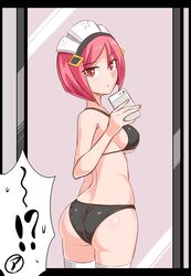  !? ass azure_striker_gunvolt azure_striker_gunvolt_2 back bikini black_bikini blunt_ends bob_cut cellphone closed_mouth commentary_request cougar_(cougar1404) crotch_seam female holding holding_phone light_frown looking_at_viewer looking_back maid_headdress nowa_(gunvolt) phone red_eyes red_hair short_hair skindentation smartphone solo spoken_interrobang spoken_sweatdrop standing sweatdrop swimsuit thighhighs white_thighhighs 