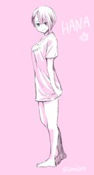  :&gt; bare_legs barefoot character_name commentary_request female full_body highres izumi_(toubun_kata) looking_at_viewer looking_to_the_side mieruko-chan monochrome pink_background shirt short_hair short_sleeves simple_background standing twitter_username yurikawa_hana 