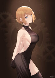  absurdres arms_behind_back artist_name bare_shoulders blonde_hair blue_eyes breasts cleavage closed_mouth earrings female hair_ornament highres hololive hololive_english jewelry monocle_hair_ornament solo standing tfqr virtual_youtuber watson_amelia 