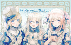  3girls adapted_costume alternate_costume animal_ears apron blonde_hair blue_eyes blunt_bangs bow bowtie commission crossed_bangs dragon_girl enmaided fox_ears fox_girl frilled_apron frills hair_between_eyes hair_ribbon hat headgear holographic_horns hoshifuri_iku ibuki_meno juliet_sleeves long_sleeves maid maid_apron maid_headdress multiple_girls papermoon_game pink_eyes pink_hair prism_project puffy_short_sleeves puffy_sleeves purple_eyes ribbon short_sleeves skeb_commission tokimori_aoi two_side_up virtual_youtuber white_apron white_hair wrist_cuffs 