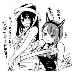  2girls absurdres blush breasts demon_horns greyscale halloween halloween_costume highres horns izumi_(toubun_kata) long_hair mieruko-chan monochrome multiple_girls mummy_costume open_mouth short_hair signature simple_background small_breasts translation_request twitter_username white_background yotsuya_miko yurikawa_hana 