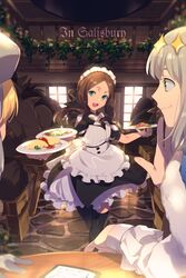  1boy 2girls apron artoria_caster_(fate) artoria_caster_(first_ascension)_(fate) artoria_pendragon_(fate) black_bow black_dress black_thighhighs blonde_hair blush bow breasts brown_hair closed_mouth dress echo_(circa) fate/grand_order fate_(series) food forehead green_eyes grey_hair hairbow hat leonardo_da_vinci_(fate) leonardo_da_vinci_(rider)_(fate) leonardo_da_vinci_(rider)_(second_ascension)_(fate) long_hair long_sleeves looking_at_viewer maid_headdress multiple_girls oberon_(fate) open_mouth parted_bangs plate ponytail puff_and_slash_sleeves puffy_short_sleeves puffy_sleeves short_hair short_sleeves small_breasts smile table thighhighs thighs tray white_apron 