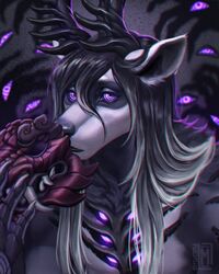  2020 4:5 anthro antlers breasts canid chromatic_aberration digital_media_(artwork) eyebrows eyelashes female headshot_portrait horn hybrid mammal moon-s portrait purple_eyes solo 