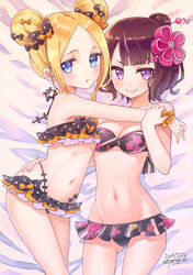  2girls abigail_williams_(emerald_float)_(fate) abigail_williams_(fate) bad_id bad_pixiv_id bed_sheet bikini bird black_bikini black_bird black_bow black_hair blonde_hair blue_eyes bow breasts cleavage closed_mouth commentary_request dated double_bun fate/grand_order fate_(series) floral_print frilled_bikini frills from_above groin hair_bun hair_ornament hand_on_another&#039;s_hip highres hug katsushika_hokusai_(fate) katsushika_hokusai_(painting_summer)_(fate) looking_at_viewer lowleg lowleg_bikini lying medium_breasts miyamae_porin multi-strapped_bikini multiple_girls navel official_alternate_costume on_back on_bed on_side orange_bikini orange_bow orange_scrunchie parted_lips polka_dot polka_dot_bikini print_bikini purple_eyes scrunchie short_hair sidelocks small_breasts smile strapless strapless_bikini swimsuit twitter_username wrist_scrunchie yuri 