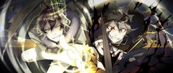  2boys ahoge aiguillette aiming aiming_at_viewer asta_(black_clover) belt black_bulls_(emblem) black_capelet black_clover black_hair black_headband blurry buckle cape capelet crown depth_of_field frit_2 fur_trim glowing_crown green_eyes grey_hair hair_between_eyes half_crown headband heterochromia highres holding holding_sword holding_weapon horizon long_bangs looking_at_viewer magic male_focus messy_hair multiple_boys pointing_sword pointing_weapon possessed reaching reaching_towards_viewer red_eyes shirt short_hair smirk sparkle spiked_hair sword teeth torn_cape torn_clothes v-shaped_eyebrows weapon white_hair white_shirt yellow_capelet yellow_eyes yuno_(black_clover) 