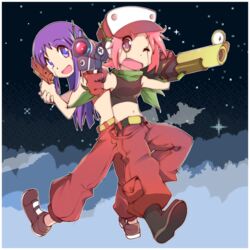  2girls absurdres android commentary cosplay crop_top curly_brace curly_brace_(cosplay) doukutsu_monogatari english_commentary full_body gloves green_scarf gun hat highres hinata_yukari holding holding_gun holding_weapon long_hair looking_at_viewer majormilk multicolored_clothes multicolored_headwear multiple_girls navel nonohara_yuzuko open_mouth pants pink_eyes pink_hair purple_eyes purple_hair quote_(doukutsu_monogatari) quote_(doukutsu_monogatari)_(cosplay) red_gloves red_headwear red_pants scarf short_hair sleeveless smile weapon white_headwear yuyushiki 