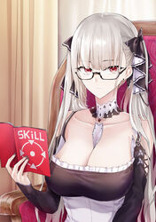  absurdres azur_lane between_breasts black_dress black_nails book breasts chair cleavage curtains dress female formidable_(azur_lane) frilled_dress frills glasses hair_ribbon highres holding holding_book large_breasts long_hair offensive_skill_book_(azur_lane) photoshop_(medium) platinum_blonde_hair red_eyes ribbon semi-rimless_eyewear sitting suprii twintails two-tone_dress two-tone_ribbon under-rim_eyewear upper_body very_long_hair 